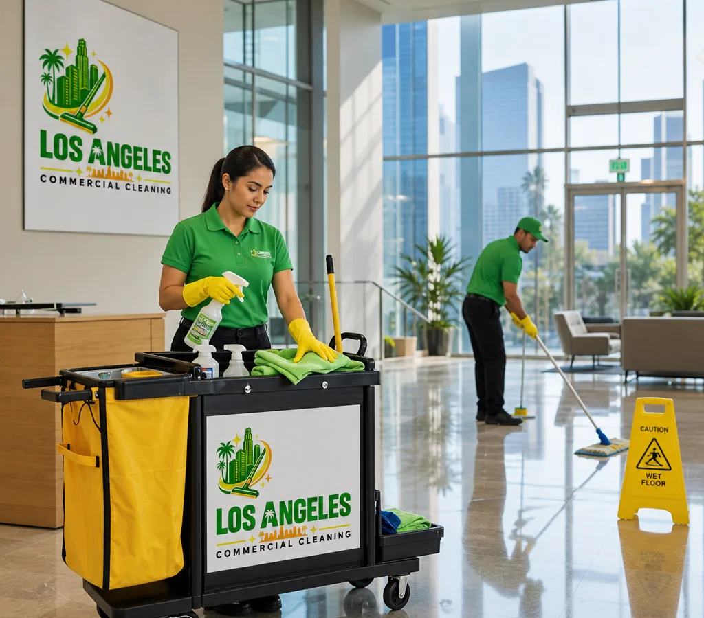 Professional cleaning team preparing supplies and a janitorial cart in a modern Los Angeles office lobby