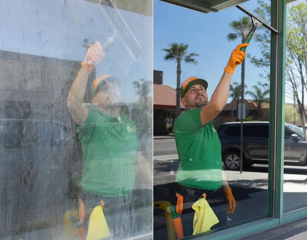 Before-and-after comparison of dusty retail storefront glass and the clear streak-free result