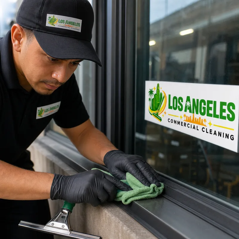 Technician detailing window edges and wiping a frame and sill after a squeegee pass