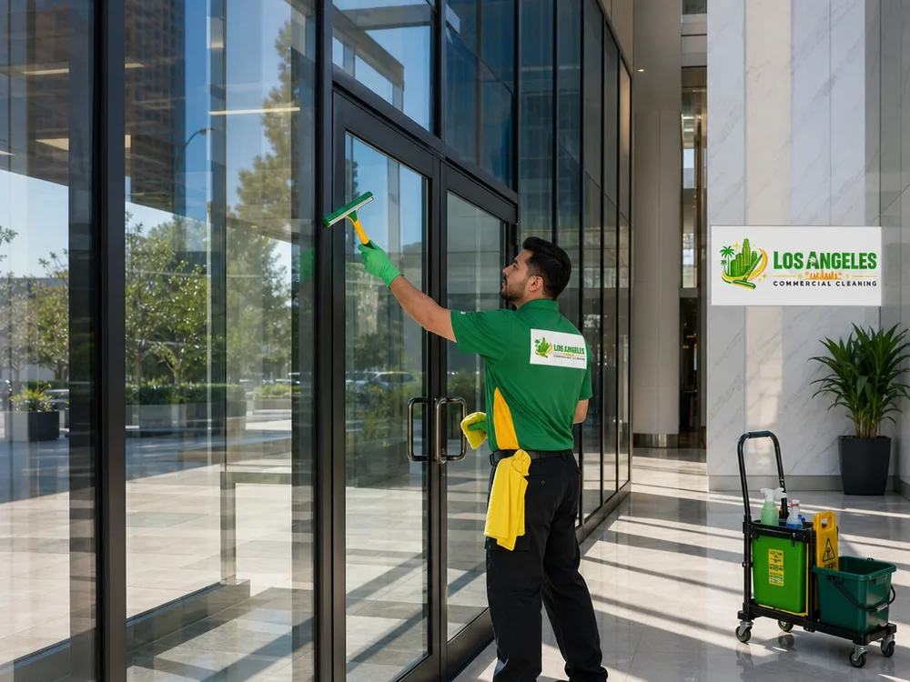 Clean commercial lobby glass walls and entry doors with a bright streak-free finish