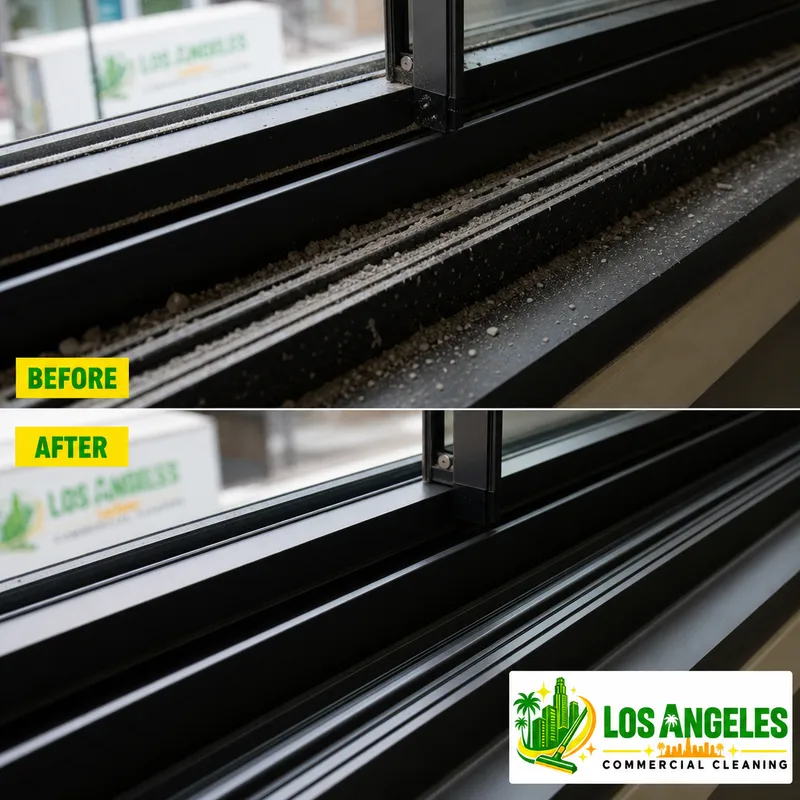 Clean window tracks and frames after drywall dust and paint specks were removed without scratching the glass or metal