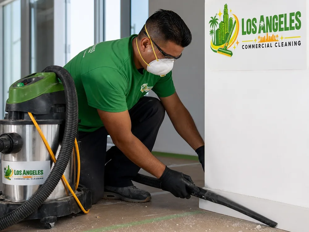 Cleaner in protective equipment HEPA-vacuuming baseboards and corners in a newly renovated Los Angeles commercial space
