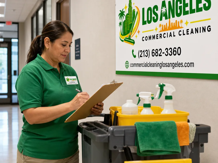 Uniformed cleaning team member reviewing a checklist beside a janitorial cart