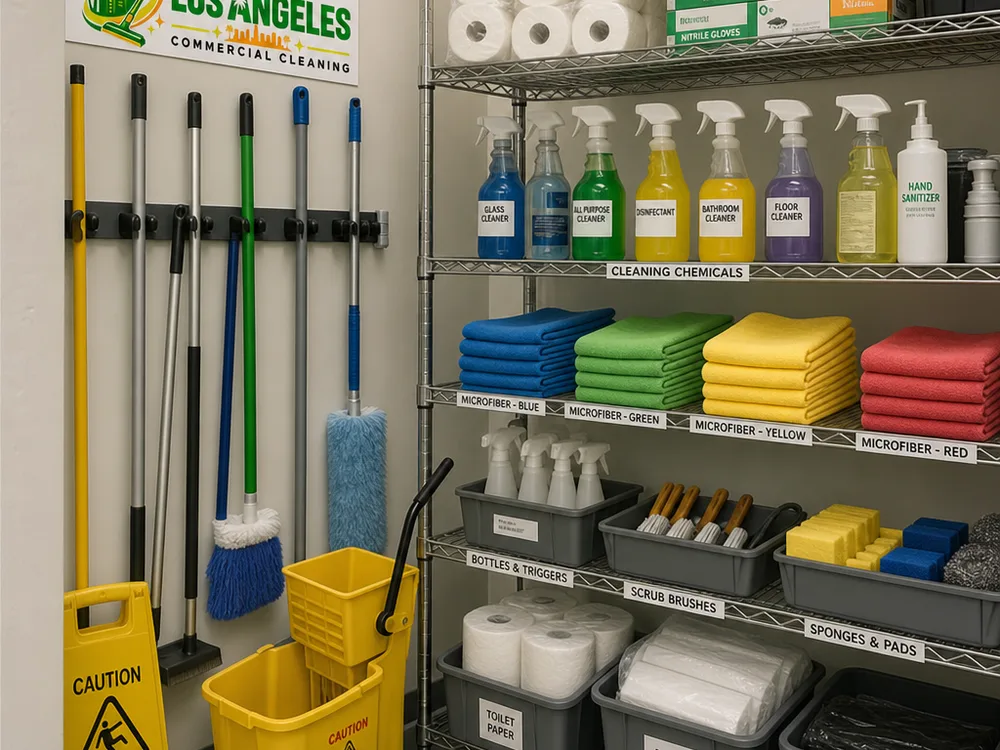Organized commercial janitorial supply area with labeled products and color-coded microfiber materials